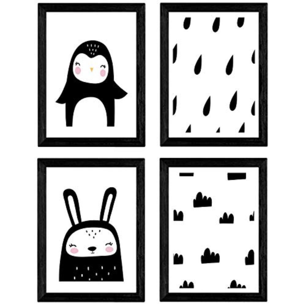 POSTER Set mit 4 Rabbit und Pinguine Tiere A4 Schwarzer Rahmen - Schwarz, Papier (29.7/3cm) - Nacnic