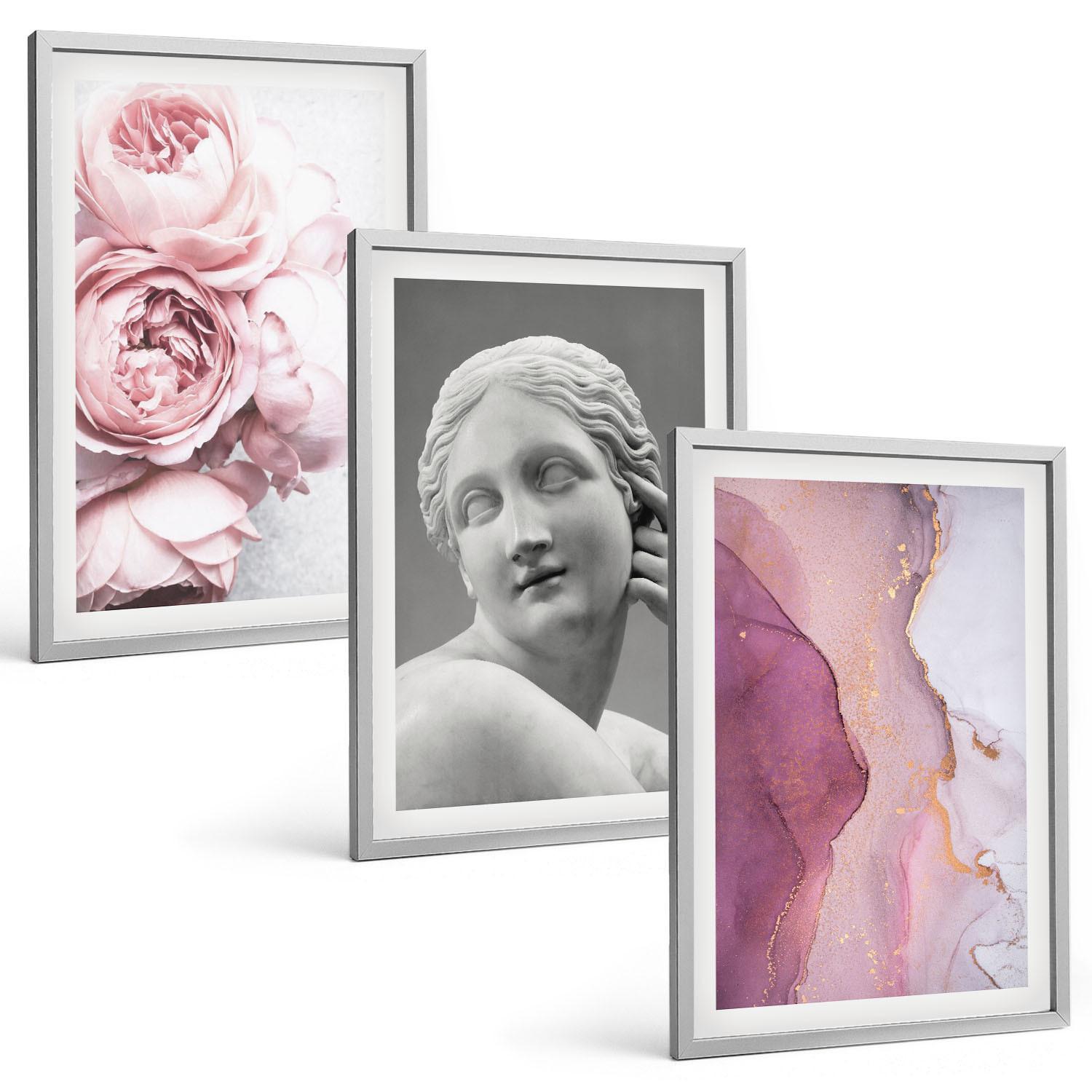 BILDER SET 3er Set - 40x60 cm Silberner Rahmen - Pfingstrosen abstrakte Frauenskulptur - Silberfarben, Kunststoff (40/60cm) - TULUP