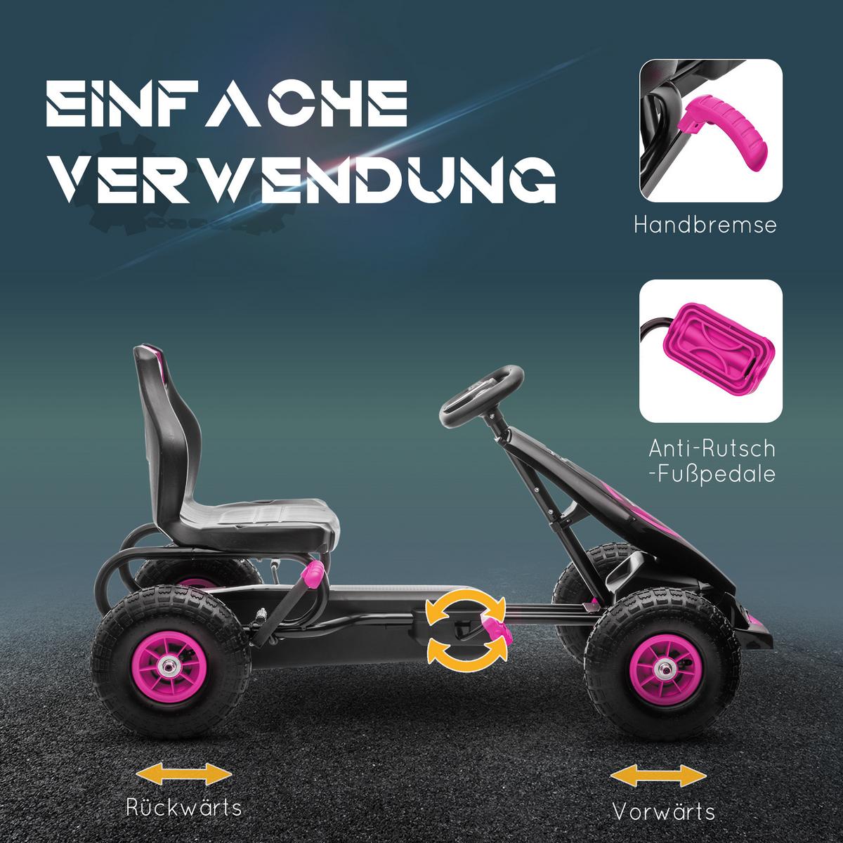 GOKART, Kinderfahrzeug mit verstellbarem Schalensitz, Tretauto, Rosa - Rosa, Metall (121/58/61cm) - HOMCOM