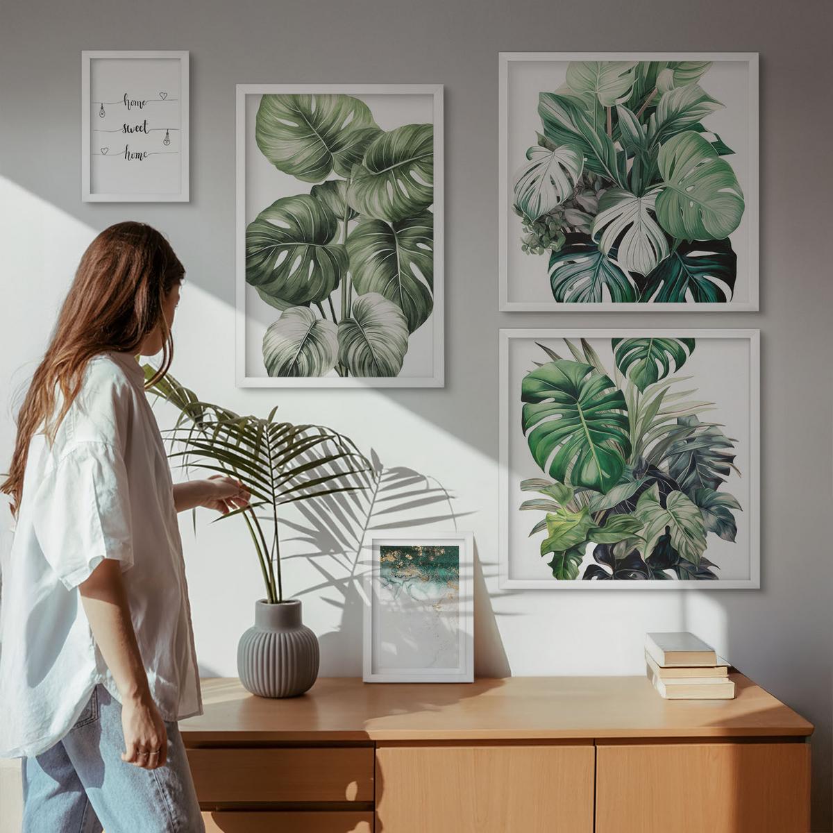 BILDER SET 5er Set - 50x50 cm & 20x30 cm & 40x60 cm Weißer Rahmen - Aquarell-Monstera-Blätter - Weiß, Kunststoff (40/60cm) - TULUP