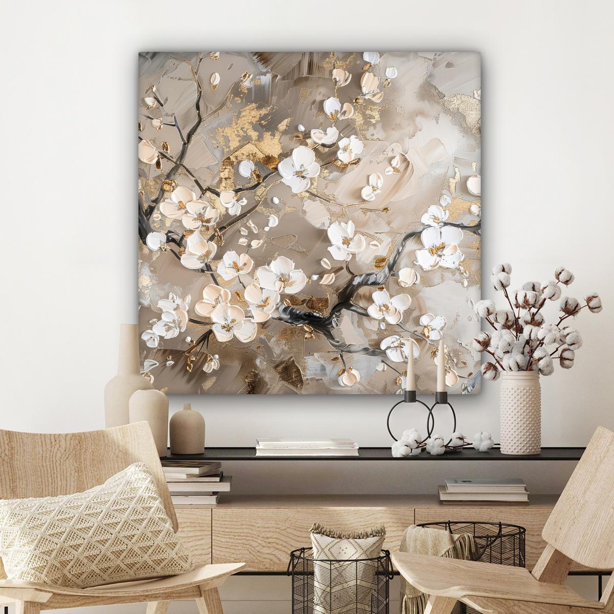 LEINWANDBILD Blumen - Weiß - Gold - Beige - Luxus Deko Groß 90x90 cm - Greige, Textil (90/90cm) - MuchoWow
