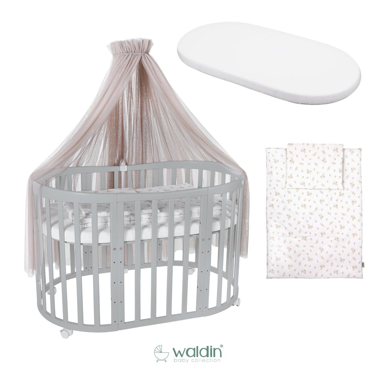 BABYBETT GREY OVAL 7in1 mit Matratze und Himmelset - Taupe/Grau, Holz/Textil (73/125cm) - waldin