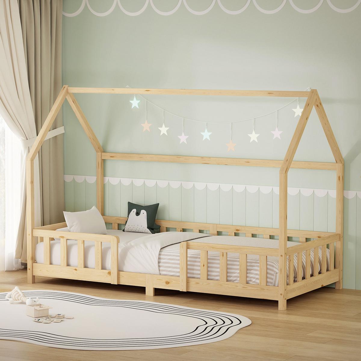 KINDERBETT 90x200 cm mit Rausfallschutz Natur aus Kiefernholz - Naturfarben, Holz (90/200cm) - ML-DESIGN