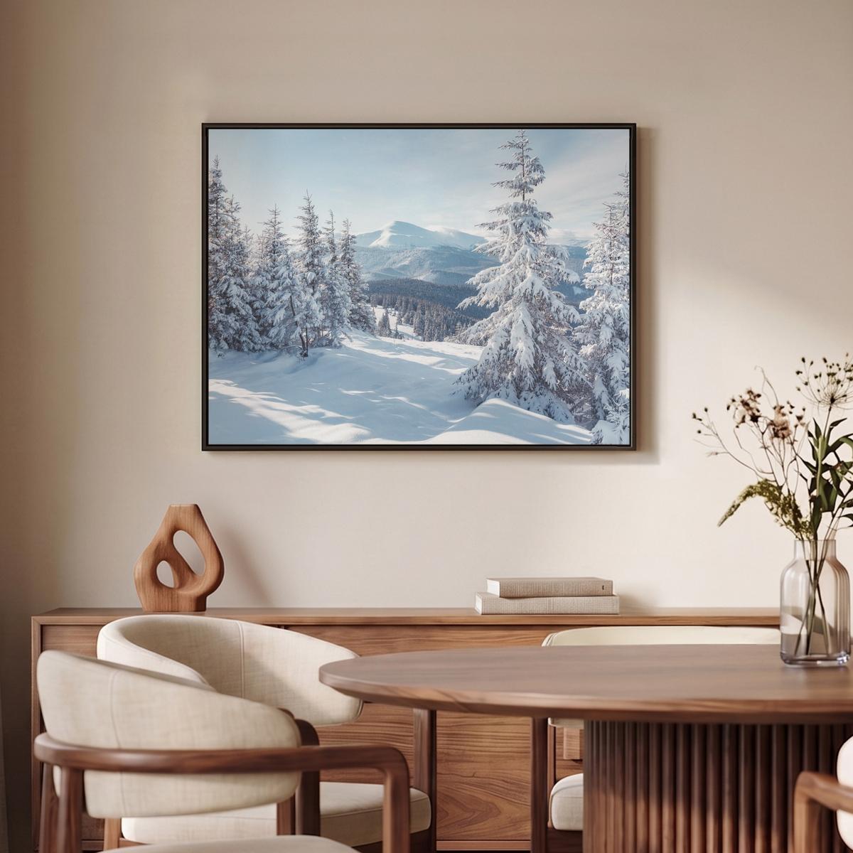 LEINWAND Bilder mit Rahmen - Winterlandschaft - Natur - Berge - Bäume - Schnee - 80x60 - Hellblau, Textil (80/60cm) - MuchoWow