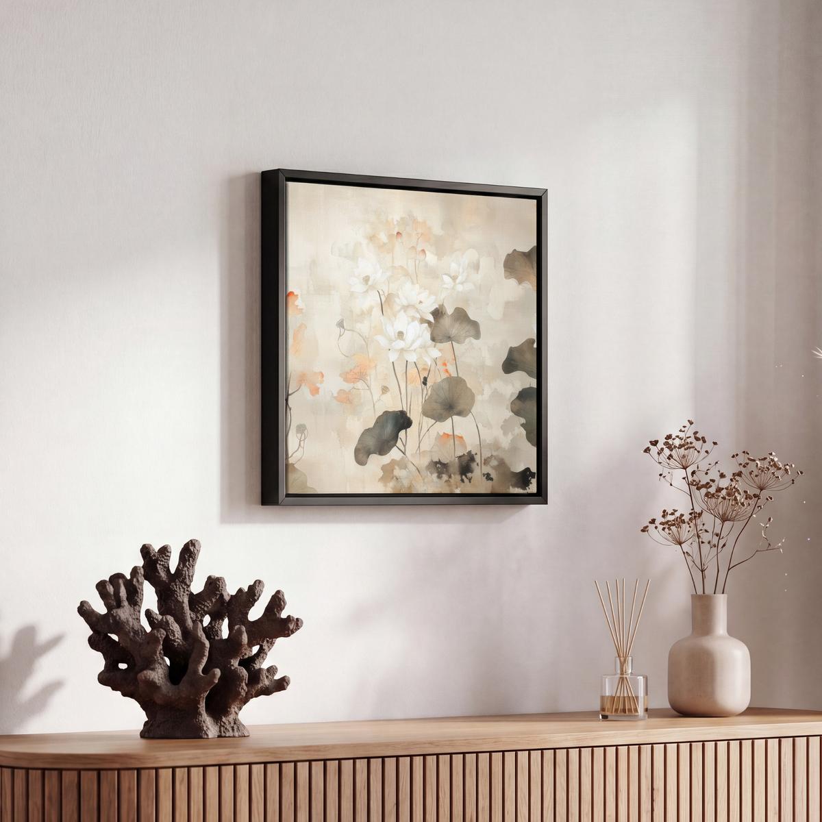 LEINWAND Bilder mit Rahmen - Blumen - Japandi - Wabi sabi - 20x20 - Sandfarben, Textil (20/20cm) - MuchoWow