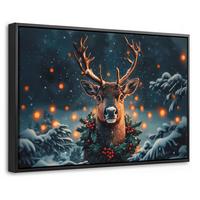 LEINWAND Bilder mit Rahmen - Hirsch - Weihnachten - Winter - Schnee - Weihnachtskranz - 60x40 - Dunkelbraun, Textil (60/40cm) - MuchoWow