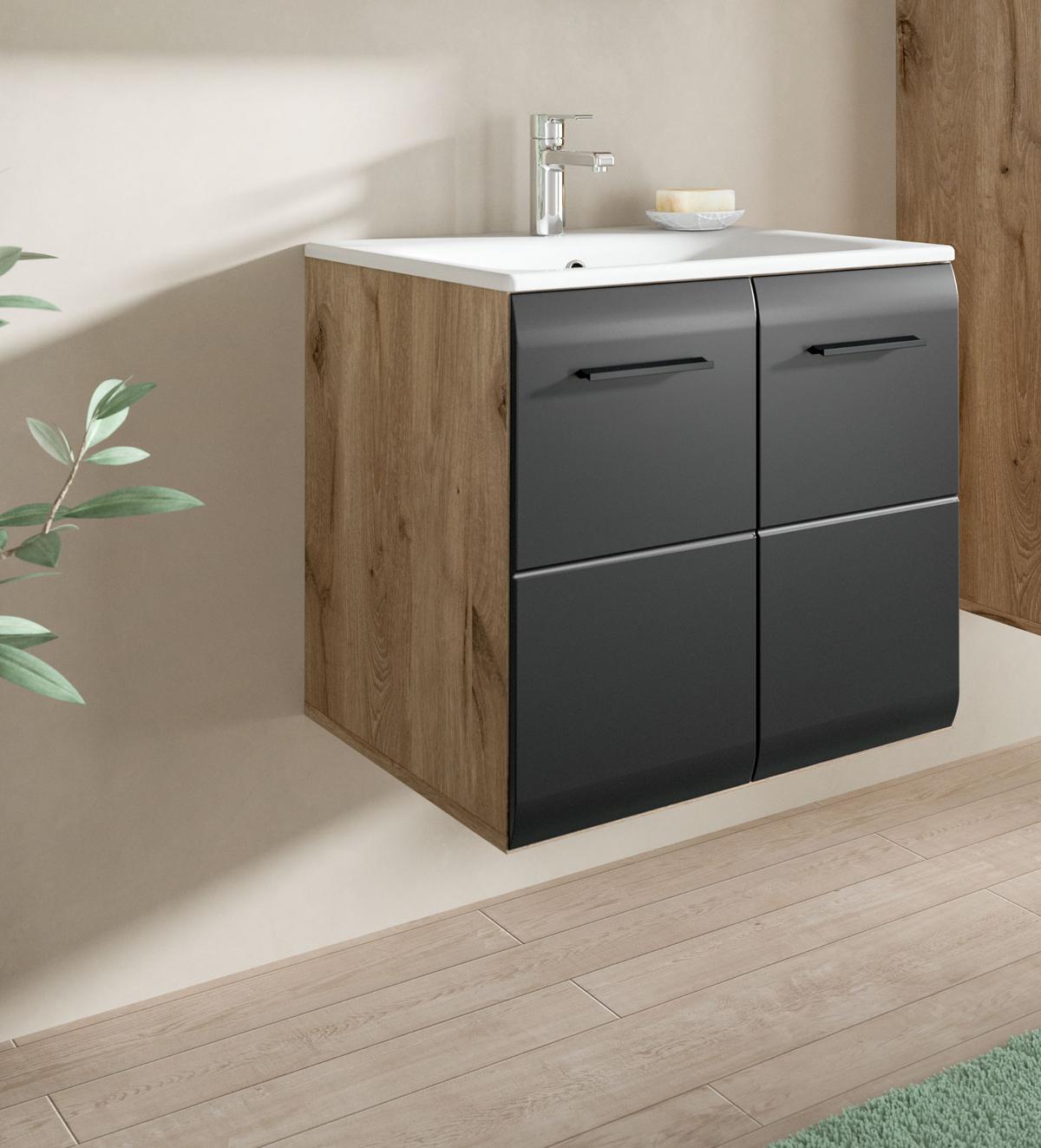 WASCHTISCH schwarz matt, Eiche Nox, Waschtischunterschrank hängend 60 cm mit Waschbecken - Eichefarben/Schwarz, Keramik/Holzwerkstoff (60/55/46cm) - Inn.Furn