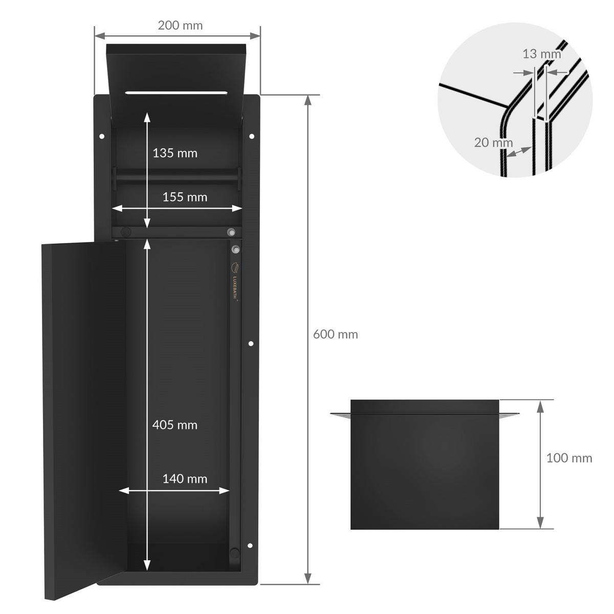 UNTERPUTZ-SCHRANKMODUL WC aus Edelstahl Schwarz matt 60x20x14 cm - Schwarz, Metall (14/60/20cm) - LuxeBath