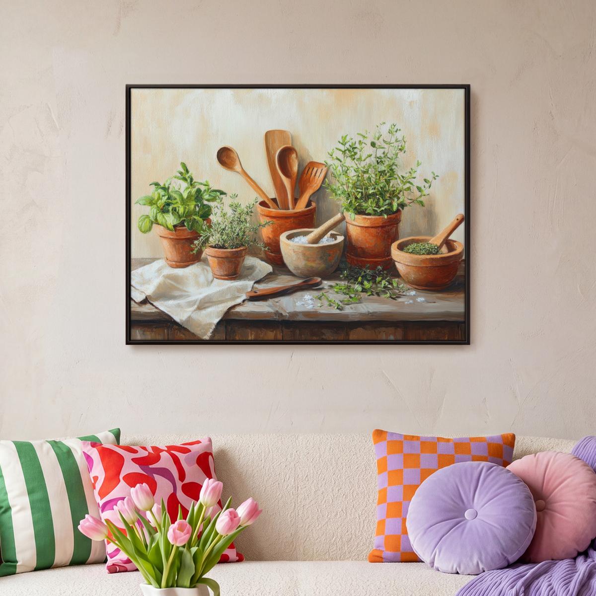 LEINWAND Bilder mit Rahmen - Töpfe - Kräuter - Holz - 80x60 - Terracotta, Textil (80/60cm) - MuchoWow
