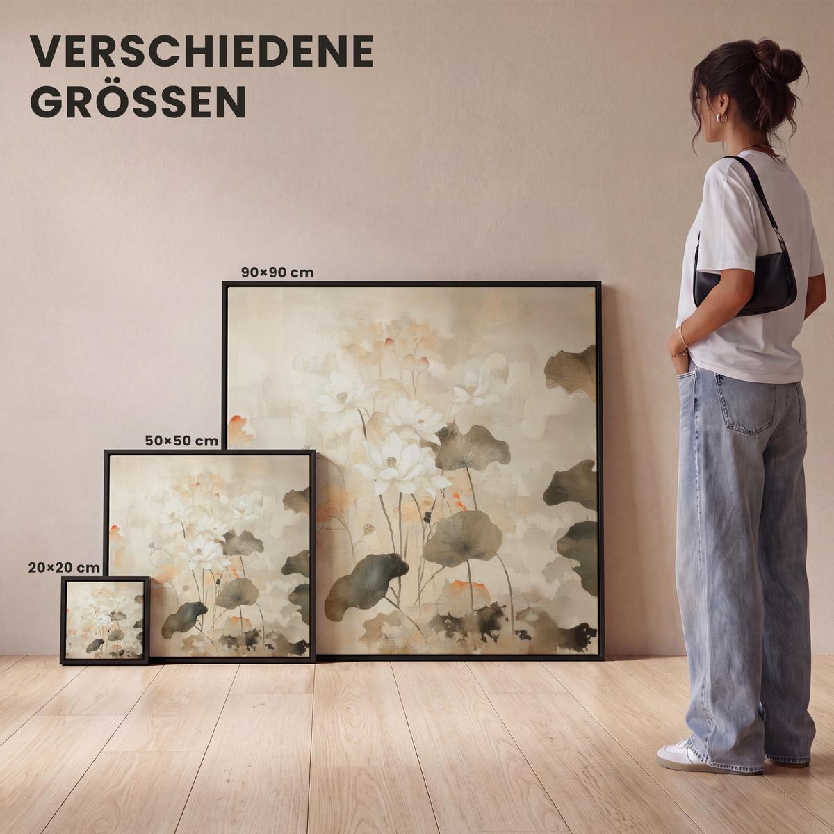 LEINWAND Bilder mit Rahmen - Blumen - Japandi - Wabi sabi - 50x50 - Sandfarben, Textil (50/50cm) - MuchoWow