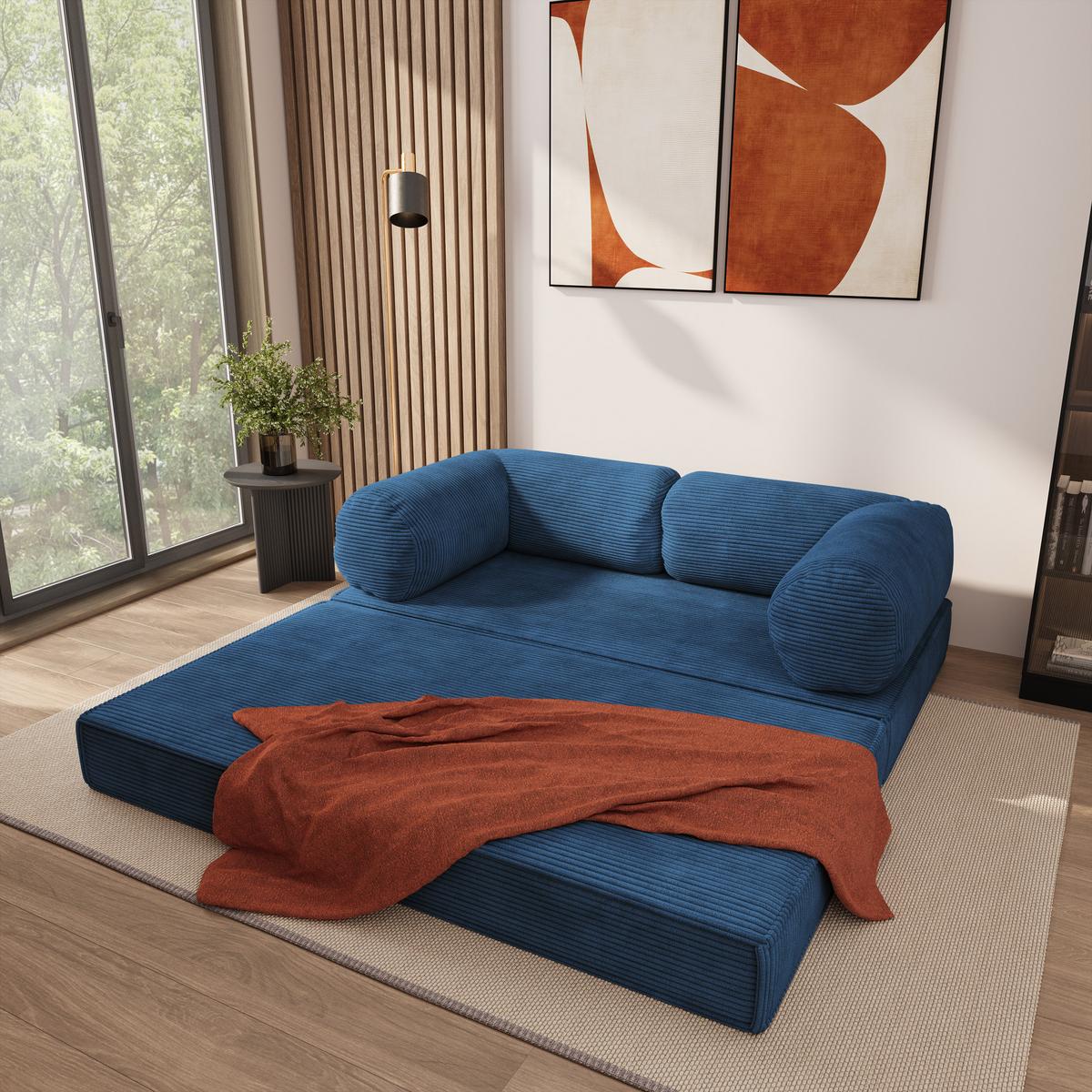 BETTSOFA ALVIO aus Schaumstoff Kordstoff Blau Schlaffunktion - Blau, Textil (170/68/80cm) - MASSENO