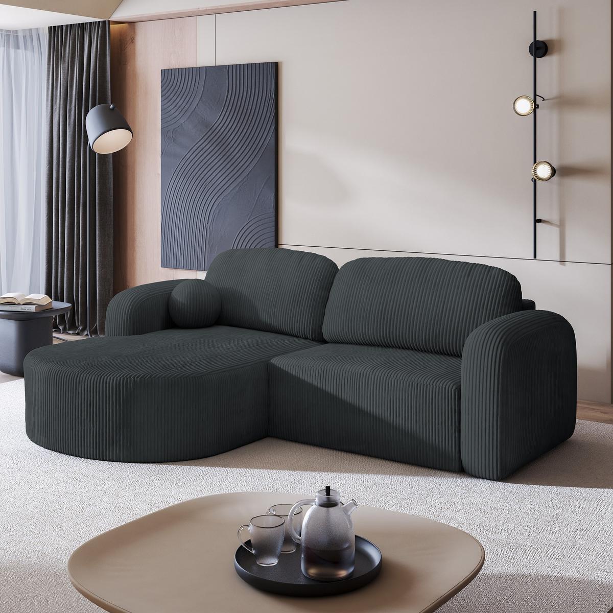 ECKSOFA AMILIA P L-S Graphitfarben Kordstoff mit Schlaffunktion - Graphitfarben, Holz (263/174cm) - MASSENO