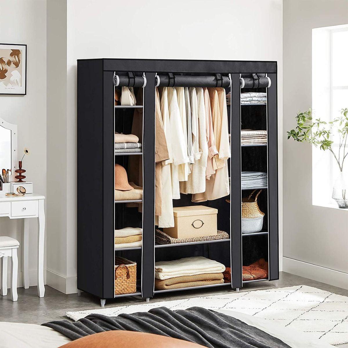 STOFFKLEIDERSCHRANK mit 12 Ebenen und Kleiderstange - L150 cm - Schwarz, Metall (45/175/80cm) - Calicosy