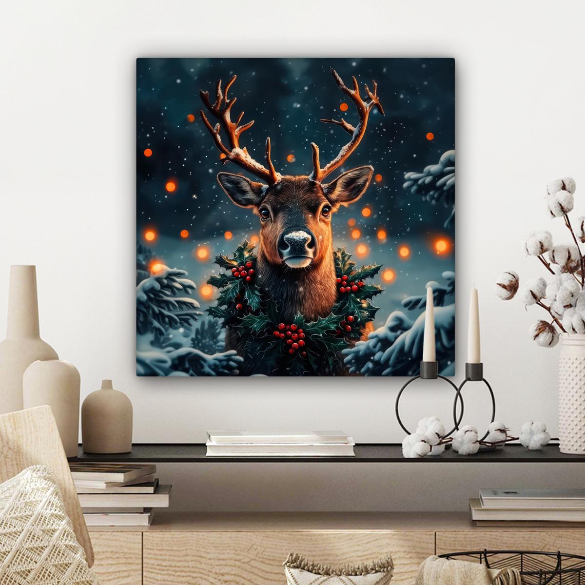 LEINWANDBILD Hirsch - Weihnachten - Winter - Schnee - Weihnachtskranz Wandbild Wohnzimmer 50x50 cm - Dunkelbraun, Textil (50/50cm) - MuchoWow