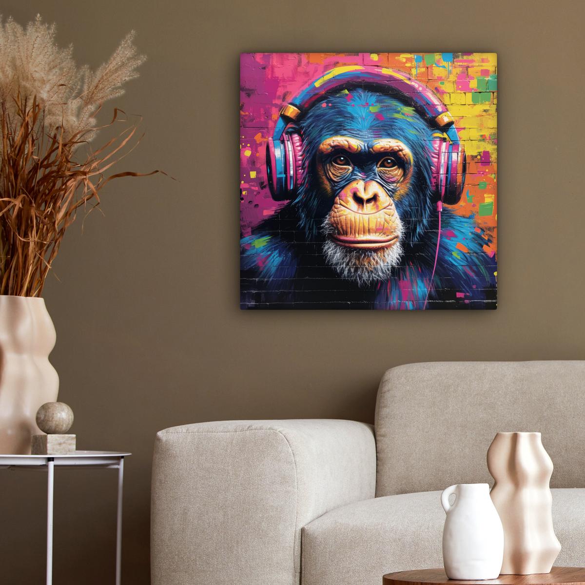 LEINWANDBILD Graffiti - Schimpanse - Straßenkunst - Kopfhörer - Affe Wandbild Wohnzimmer 50x50 cm - Blau, Textil (50/50cm) - MuchoWow