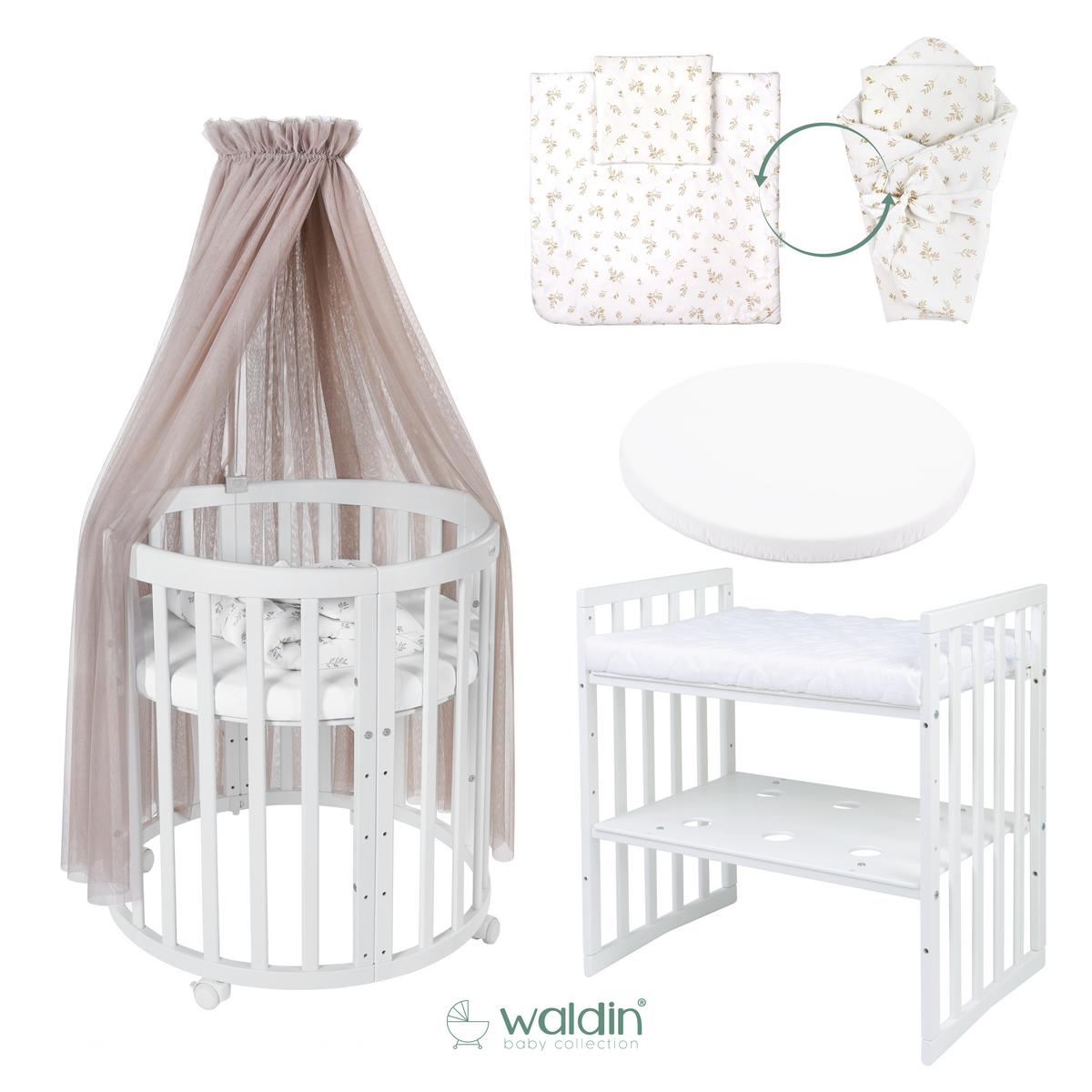 BABYBETT NATUR OVAL 7in1 mit Matratze und Himmelset - Taupe/Naturfarben, Holz/Textil (73/125cm) - waldin