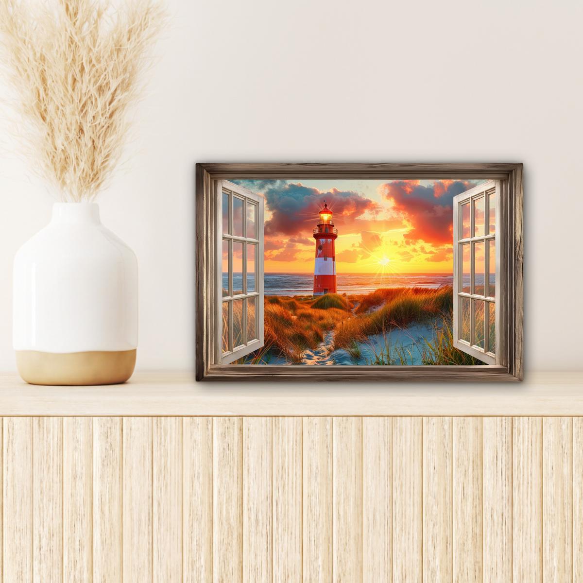 LEINWANDBILD Aussicht - Fenster - Leuchtturm - Sonnenuntergang - Strand Deko Schlafzimmer 30x20 cm - Dunkelorange, Textil (30/20cm) - MuchoWow