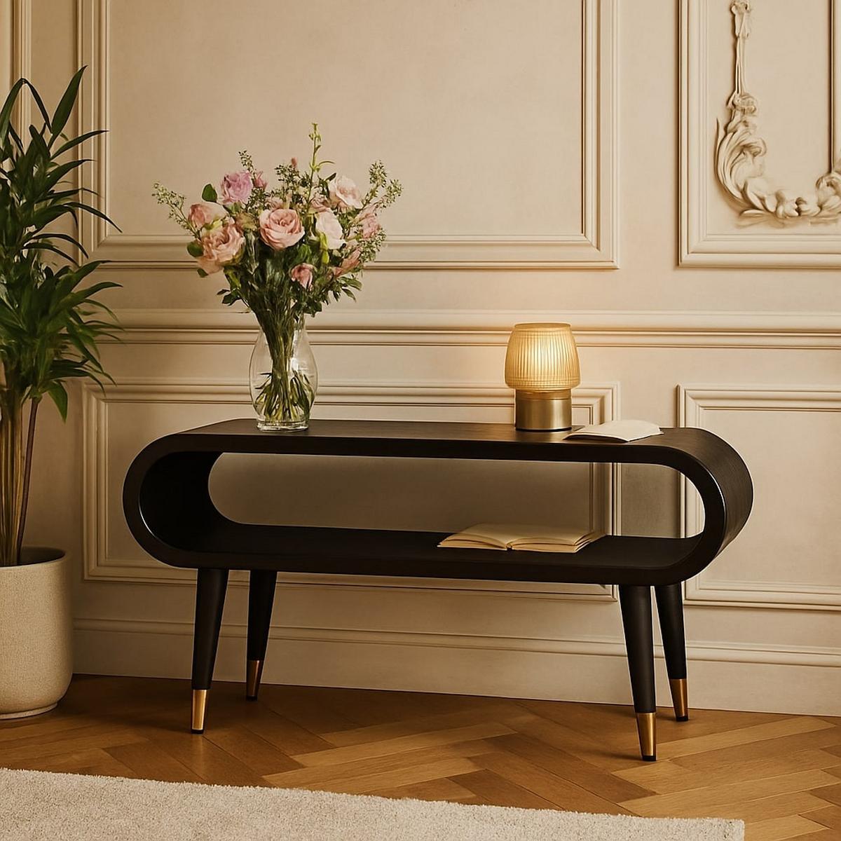 TV-MÖBEL Geschwungte Kante, Offenes Fach und Messing-Akzente, Schwarz - Schwarz, Holz (90/42/35cm) - Artisan Furniture