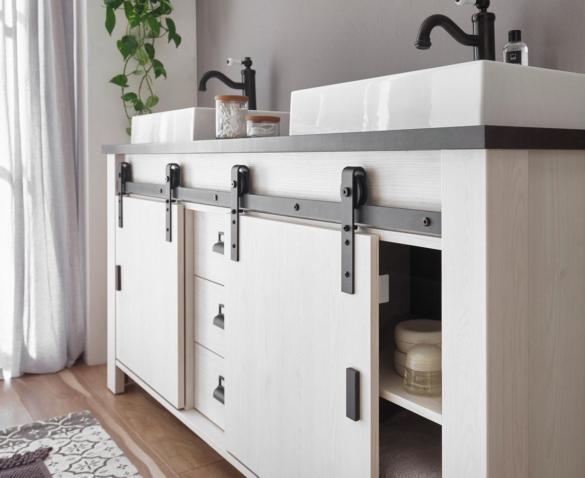 BADMÖBEL-SET weiß Pinie, anthrazit Landhaus, Doppelwaschtisch mit Waschbecken und LED - Anthrazit/Weiß, Holzwerkstoff/Metall (277/210/43cm) - Furn.Design