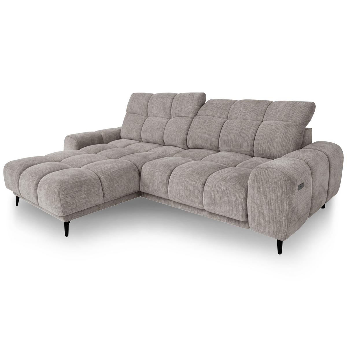 ECKSOFA Marco Mini mit elektrisch ausfahrbarem Sitz und verstellbaren Kopfstützen, Links, Chenille-Stoff, Hellbraun - Hellbraun/Schwarz, Textil (275/182cm) - Beautysofa