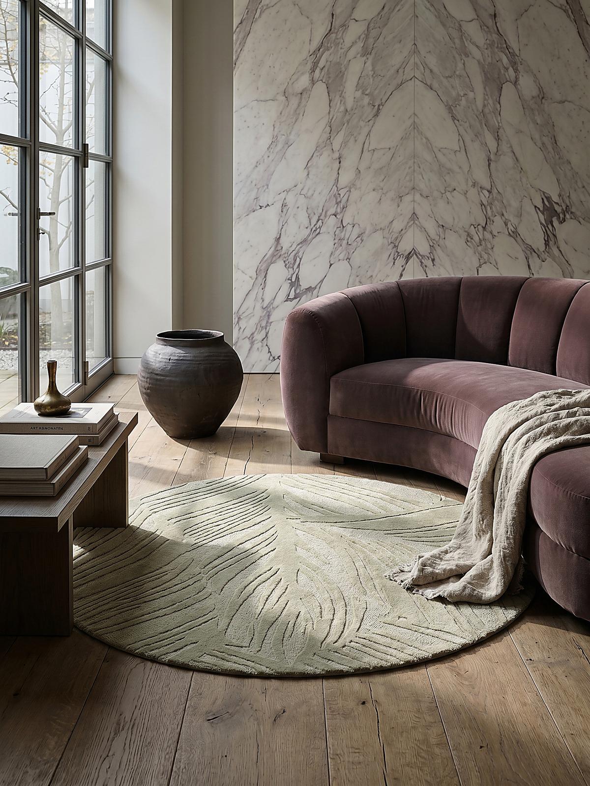 WOLLTEPPICH LEVEN, floral, Grün-Beige, Ø 160 cm - Grün, Textil (160/160cm) - KADIMA DESIGN