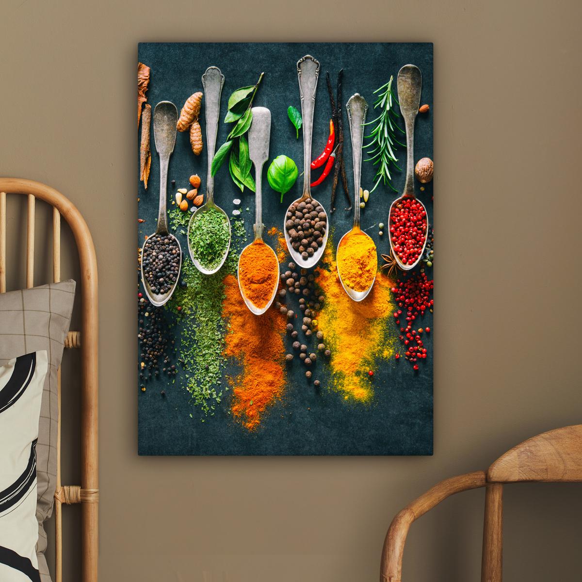 LEINWANDBILD Kräuter - Gewürze - Löffel Wandbild Wohnzimmer 60x80 cm - Currygelb, Textil (60/80cm) - MuchoWow