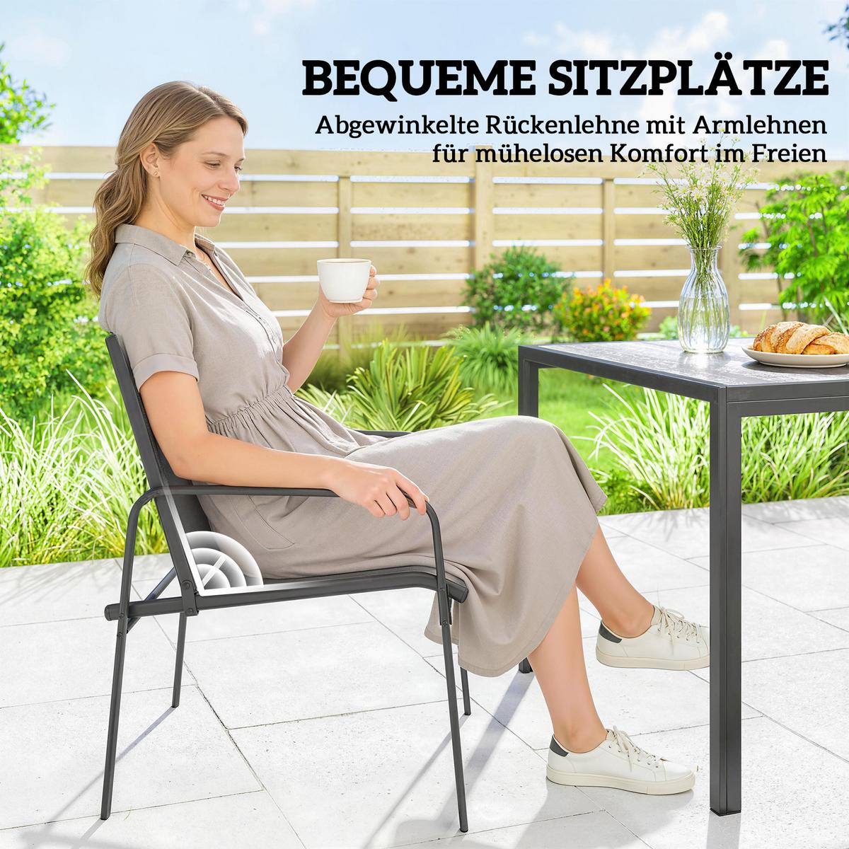 GARTENGARNITUR 7 TLG. Verzinkter-Stahl Schwarz - Schwarz/Grau, Kunststoff/Metall - Outsunny