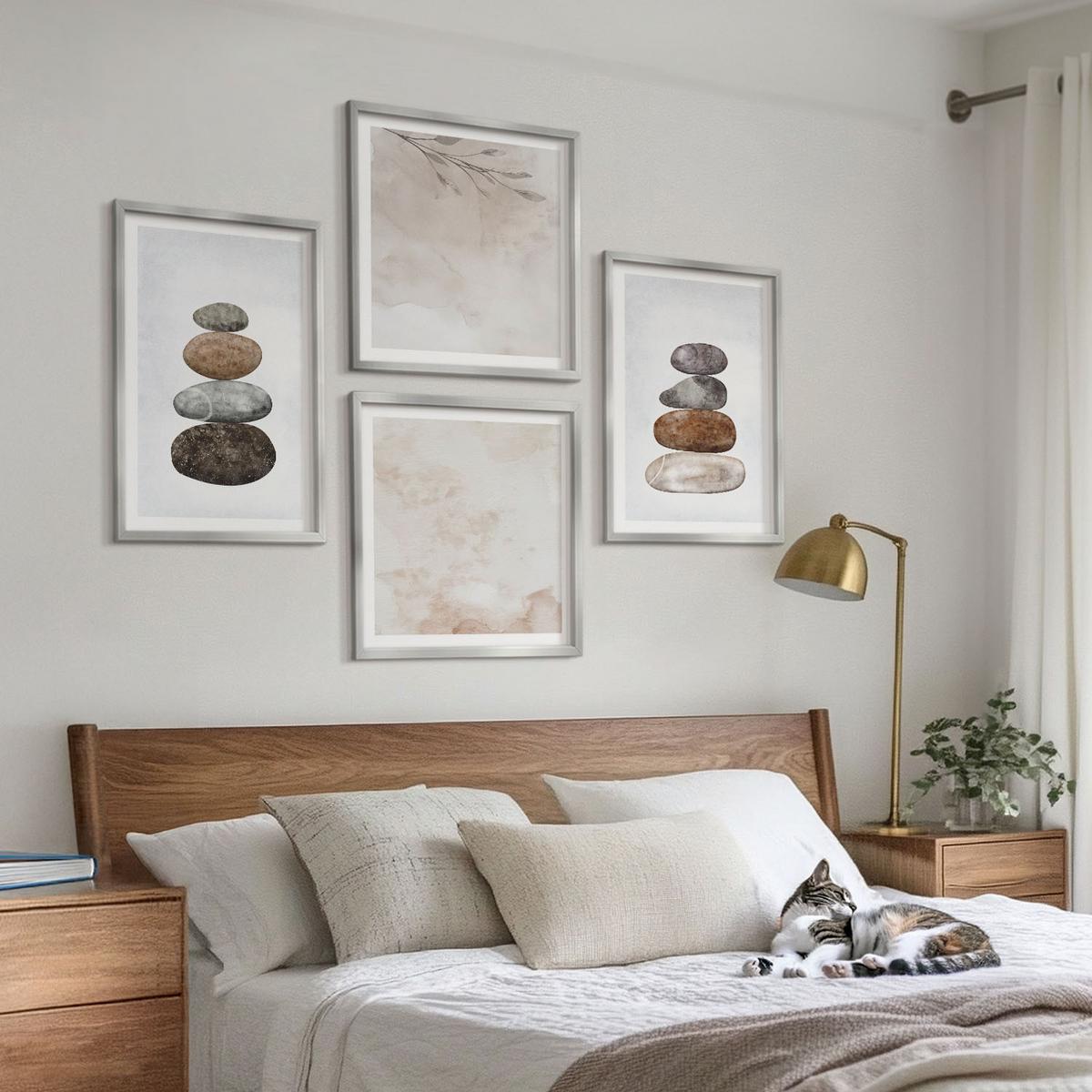 BILDER SET 4er Set - 50x50 cm & 40x60 cm Silberner Rahmen - Steinstapel-Boho-Malerei - Silberfarben, Kunststoff (50/50cm) - TULUP