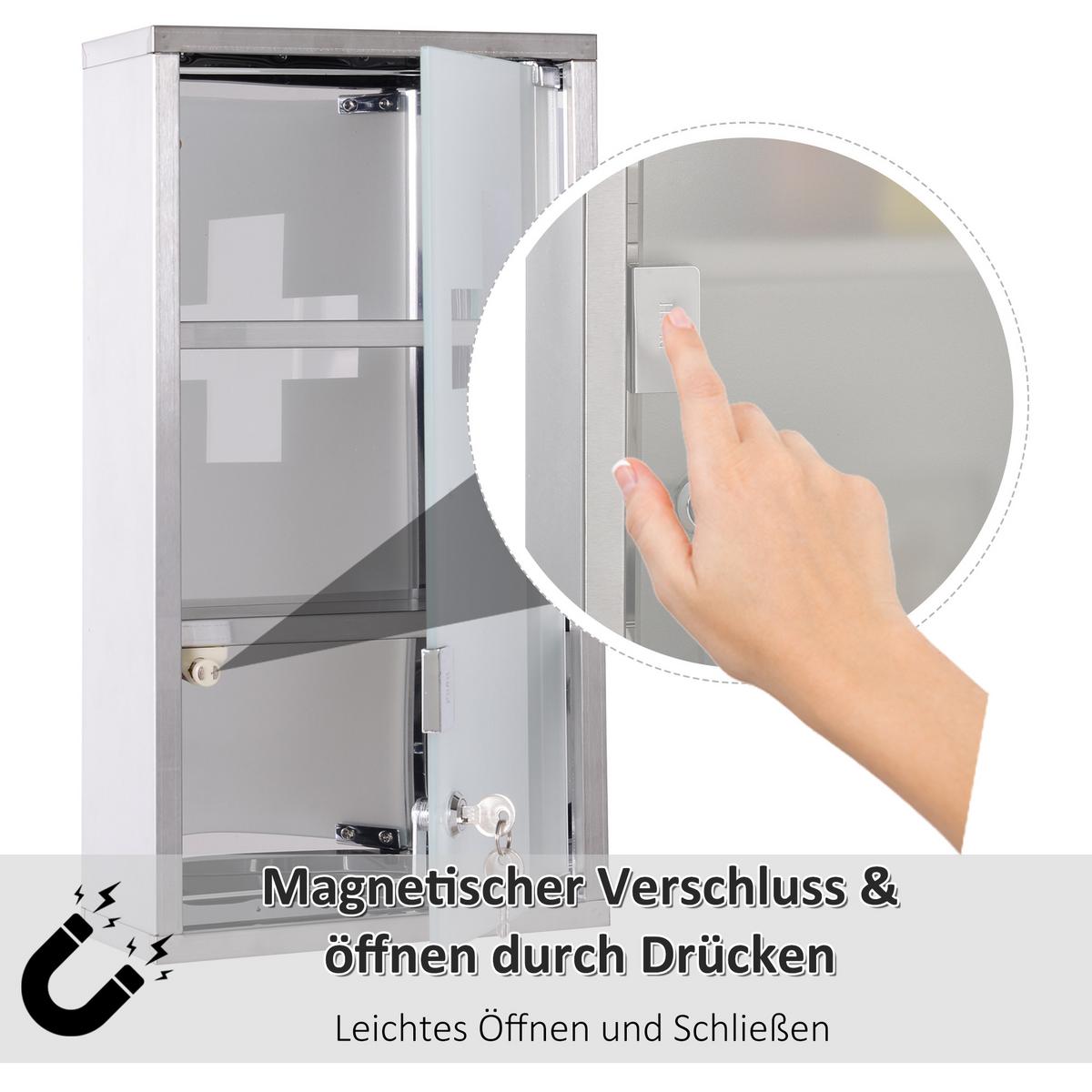 MEDIZINSCHRANK Arzneischrank Erste-Hilfe-Schrank mit Schloss 3 Fächer Stahl - Silberfarben, Glas (12/48/25cm) - HOMCOM