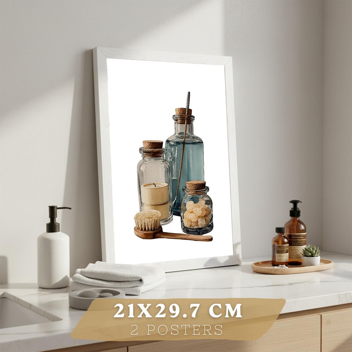 POSTER 2er-Set dekorative Badezimmer-Poster, minimalistische Wandbilder für Waschbecken, moderne Dekoration mit Blumen und Flaschen Weißer Rahmen A4 - Weiß, Papier (29.7/21/3cm) - Nacnic