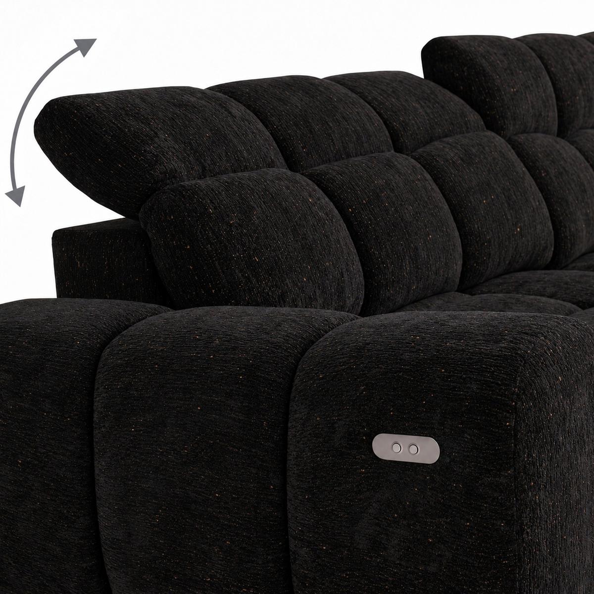 ECKSOFA Marco Mini mit elektrisch ausfahrbarem Sitz und verstellbaren Kopfstützen, Rechts, Chenille-Stoff, Schwarz - Schwarz, Textil (275/182cm) - Beautysofa