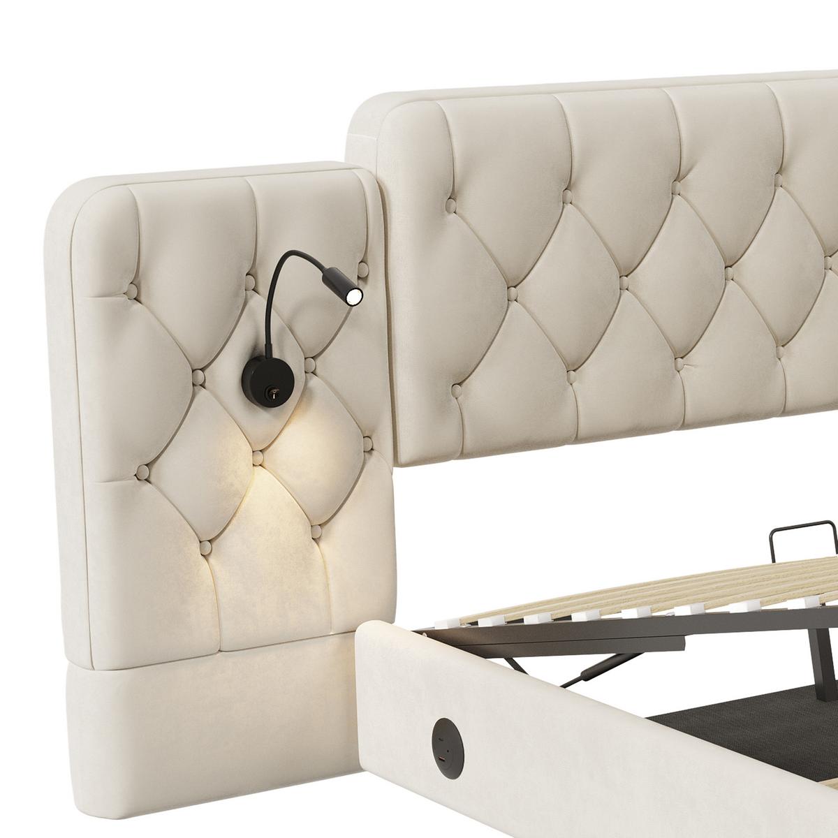 POLSTERBETT Samt Beige 160x200 cm mit LED Leseleuchten & USB-Anschluss - Beige, Textil (160/200cm) - Urban Meuble