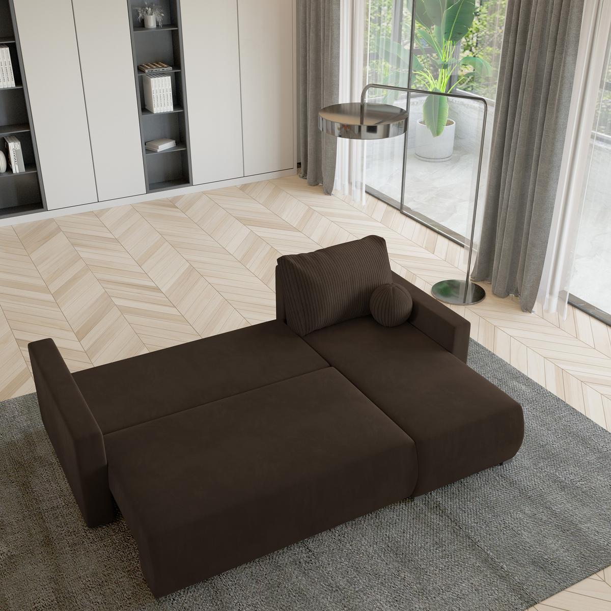 ECKSOFA SORGE Braun Plüsch-Stoff mit Schlaffunktion - Braun, Holz (220/143cm) - MASSENO
