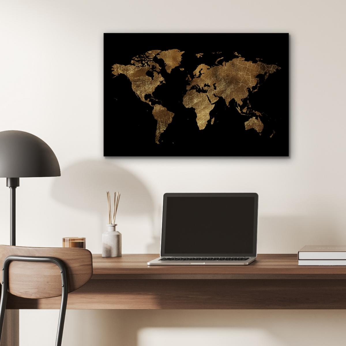 METALLBILD Weltkarte - Gold - Luxus - Erde - Schwarz Wandbild 60x40 cm - Goldfarben, Metall (60/40cm) - MuchoWow