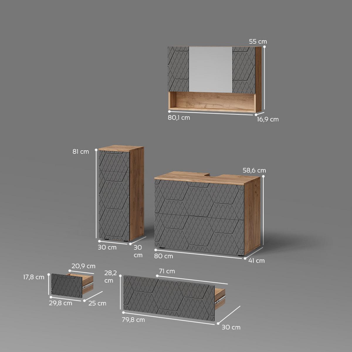 BADMÖBEL-SET Ronco Anthrazit mit Wabenstruktur 3 Teile, mit Schubladenschrank und Midischrank - Anthrazit, Holzwerkstoff (80/58/41cm) - Livinity®