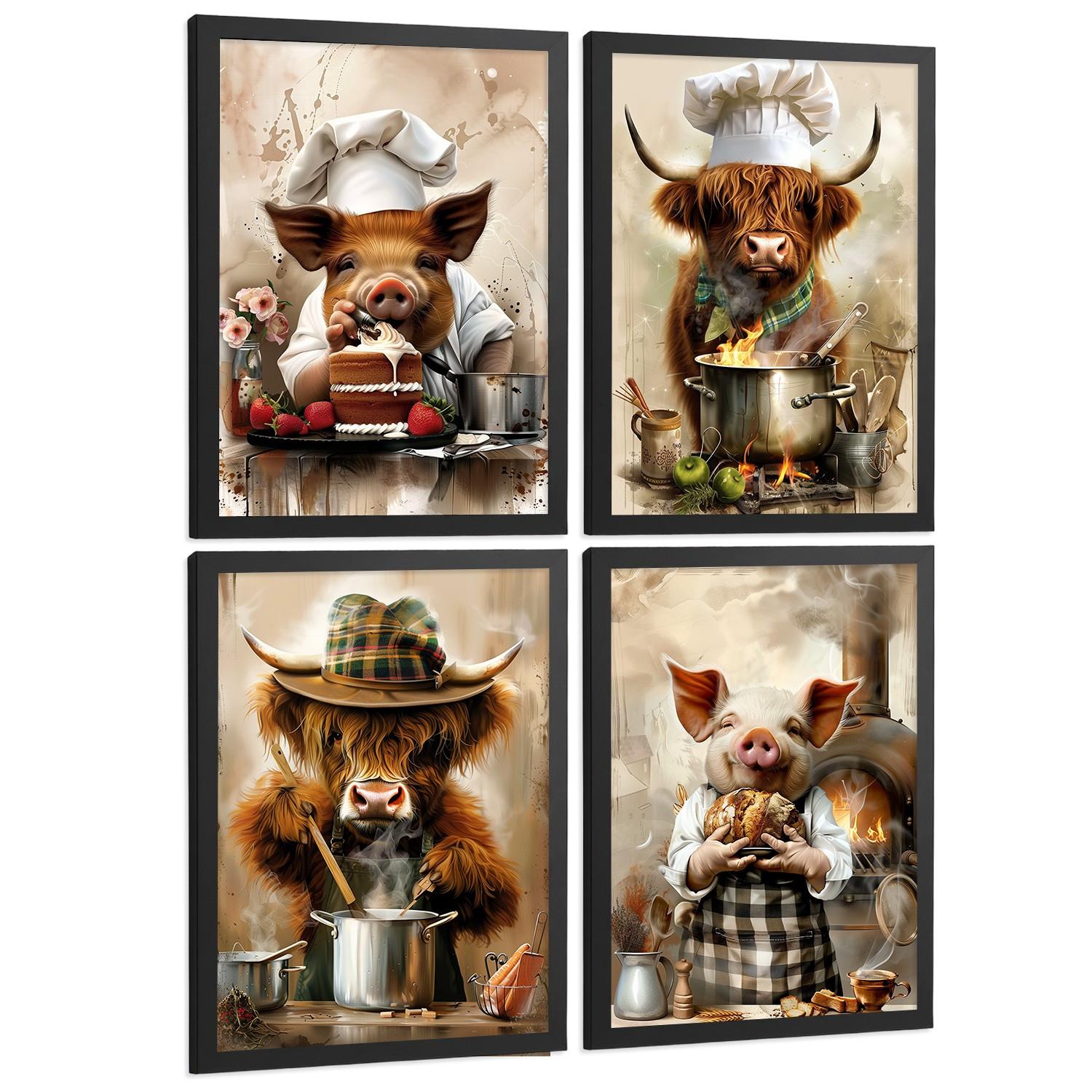 POSTER 4er Set Tier Koch Wandbilder Schwein Bäcker und Highland-Rind Köchin Illustration Küche Wanddeko Schwarzer Rahmen A4 - Schwarz, Papier (29.7/1/21cm) - Nacnic