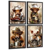 POSTER 4er Set Tier Koch Wandbilder Schwein Bäcker und Highland-Rind Köchin Illustration Küche Wanddeko Schwarzer Rahmen A4 - Schwarz, Papier (29.7/1/21cm) - Nacnic