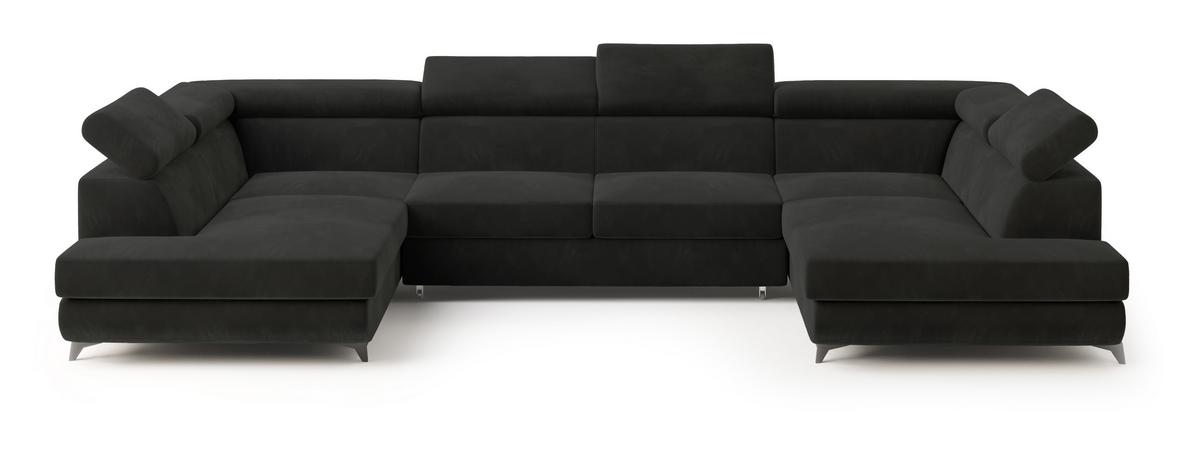 WOHNLANDSCHAFT VINTESSA Schwarz Velours-Stoff mit Schlaffunktion - Schwarz, Holz (323/89/190cm) - MASSENO