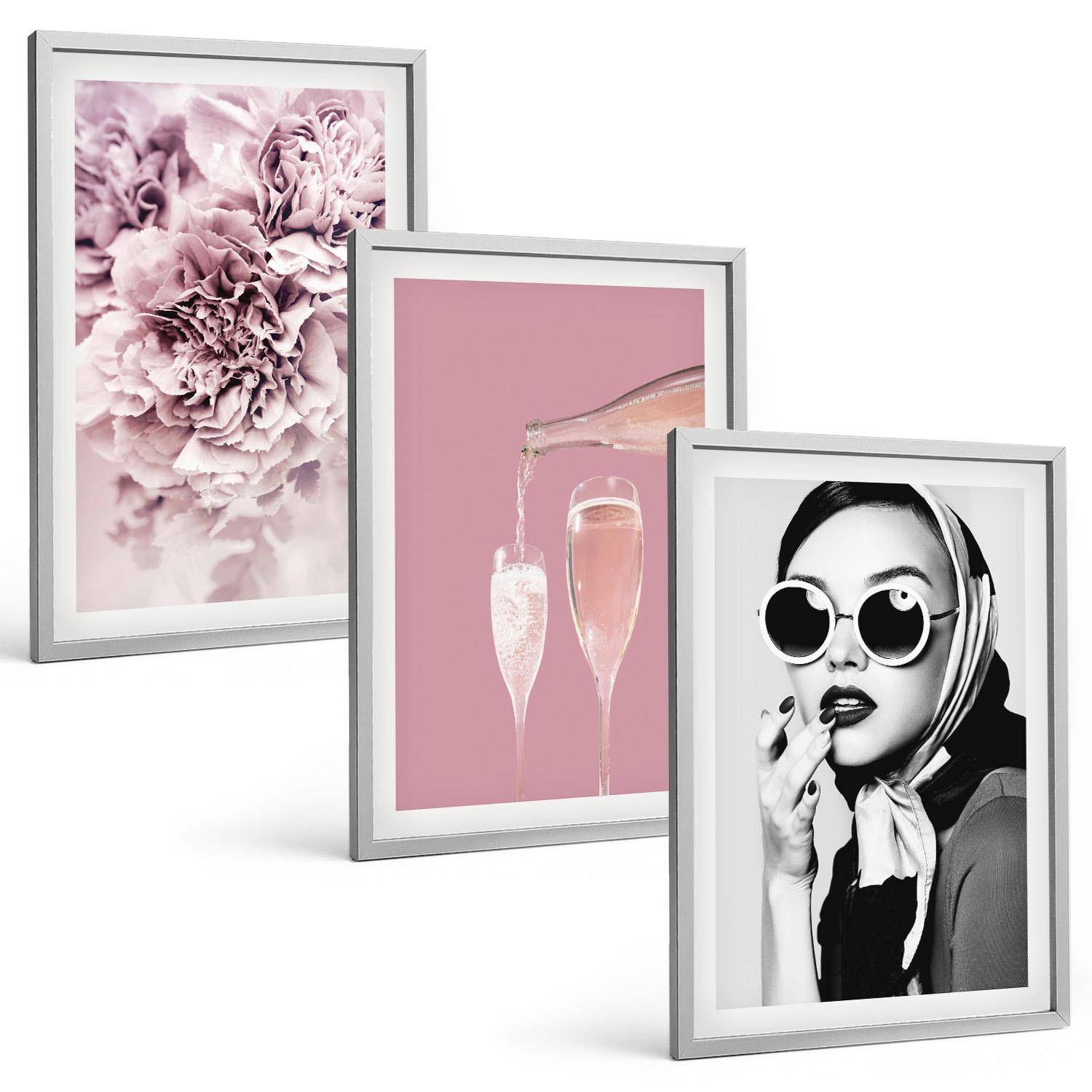 BILDER SET 3er Set - 40x60 cm Silberner Rahmen - Rosenblüten und eine elegante Dame - Silberfarben, Kunststoff (40/60cm) - TULUP