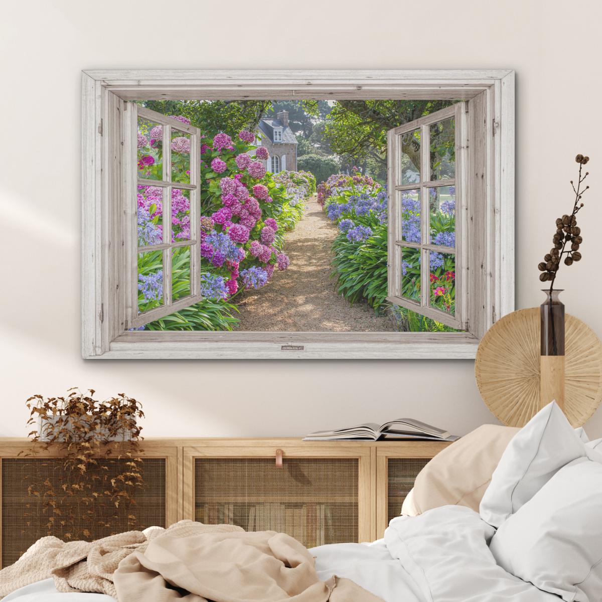 AKUSTIKBILD Hortensie - Durchsichtig - Blumen - Sommer - Lila - Weg Wandbild Wohnzimmer 100x70 cm - Lila, Textil (100/70/0.9cm) - MuchoWow
