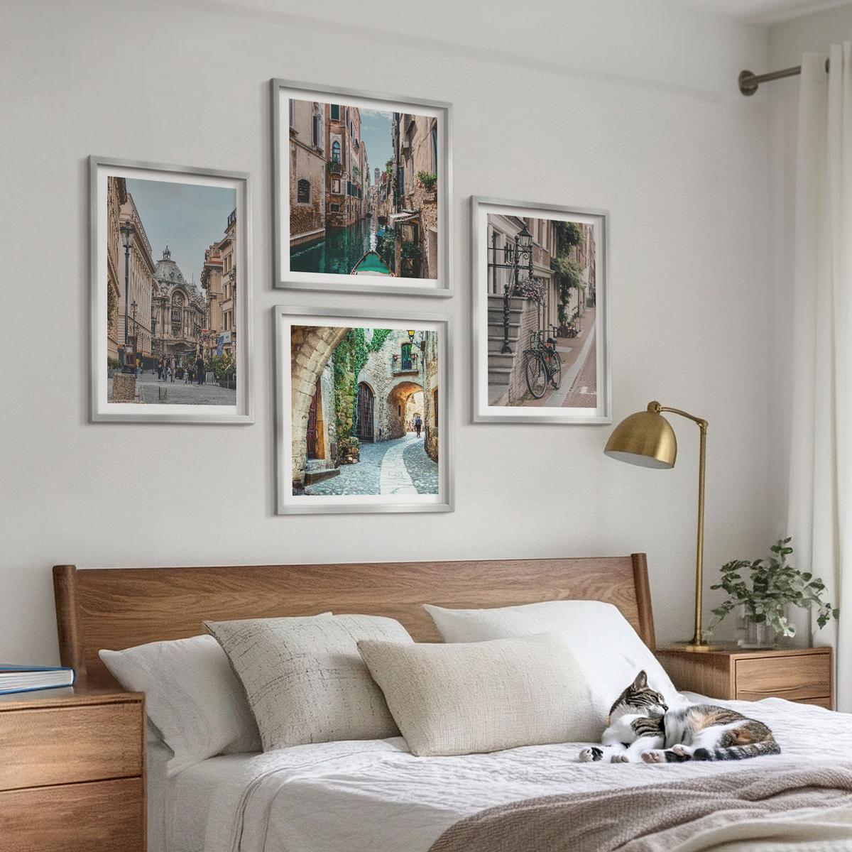 BILDER SET 4er Set - 50x50 cm & 40x60 cm Silberner Rahmen - Venezianische Straßen Wasserarchitektur - Silberfarben, Kunststoff (50/50cm) - TULUP