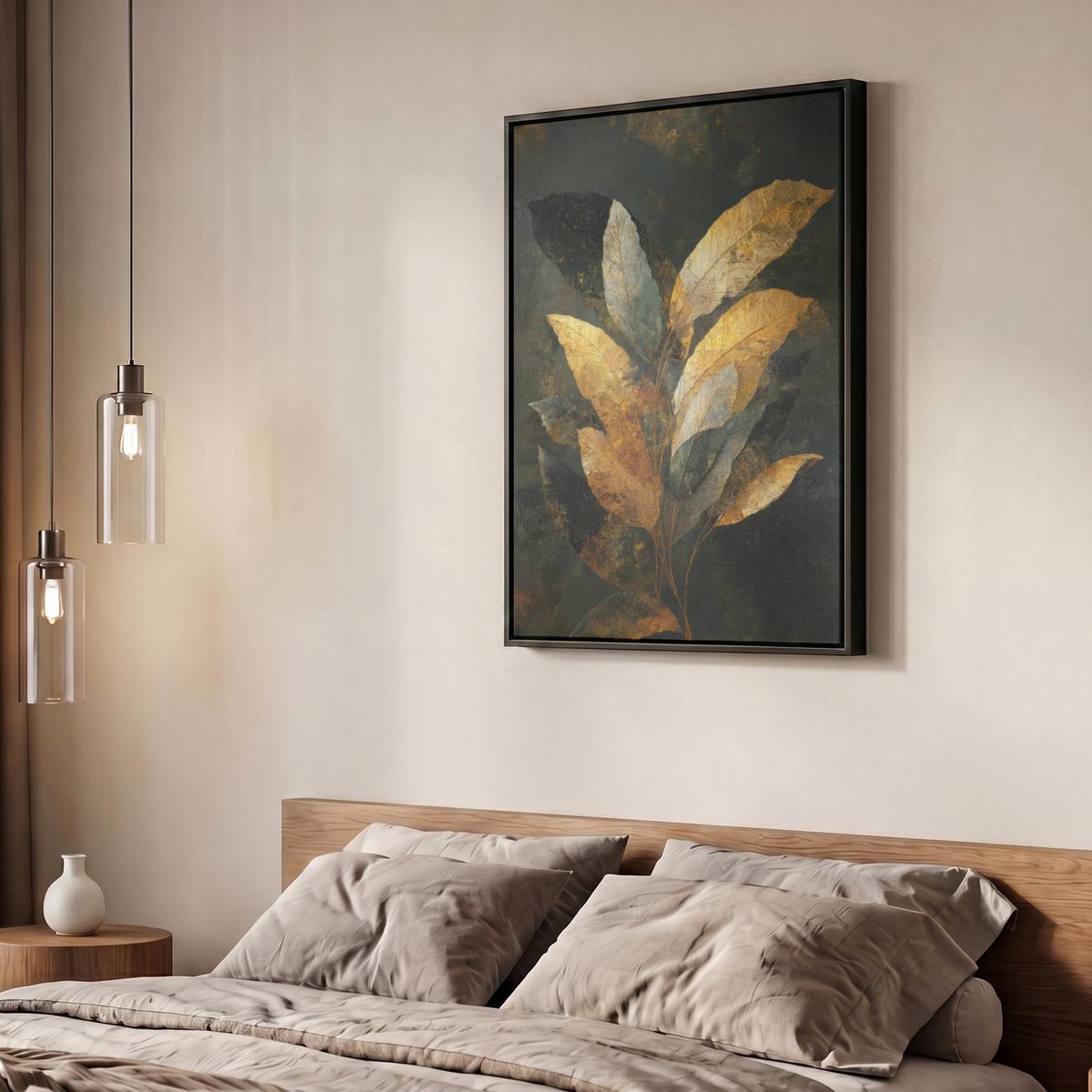 LEINWAND Bilder mit Rahmen - Golden Leaf Komposition - Botanical Luxury - 50x70 - Goldfarben, Textil (50/70cm) - MuchoWow