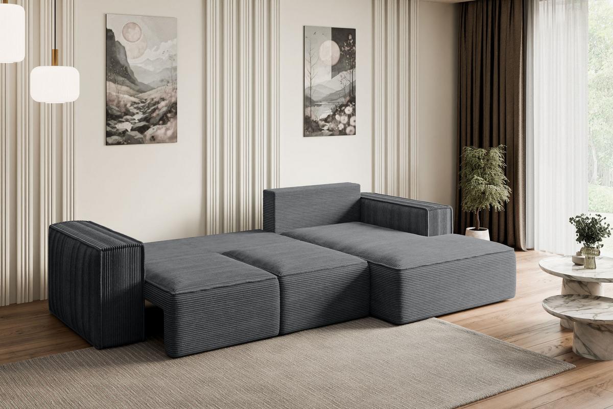 ECKSOFA mit Schlaffunktion und Bettkasten SERRA-L-S - 266x161x87 cm Duneklgrau Cord - Dunkelgrau/Schwarz, Holzwerkstoff/Kunststoff (266/161cm) - ALTDECOR
