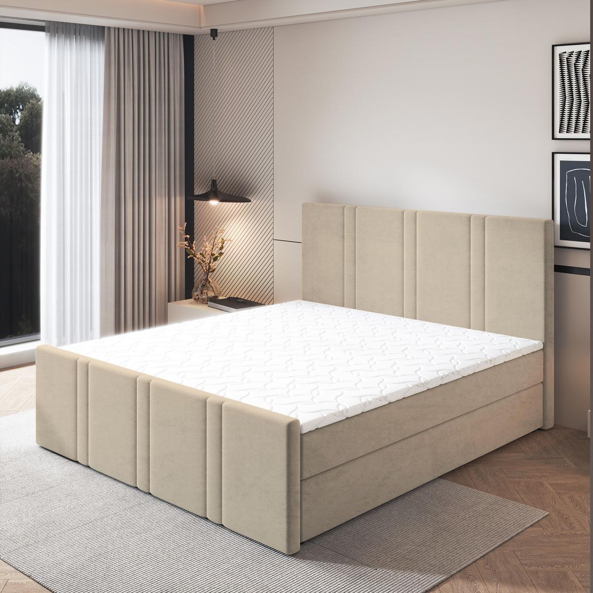 BOXBETT COMOZA 180x200 cm mit Matratze und Topper - Beige - Beige, Holz (180/200cm) - MASSENO