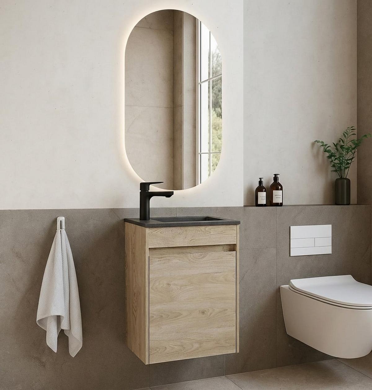 GÄSTE-WC-MÖBELSET Sinta 2 Teile Kastanien Eiche / Schwarzes Waschbecken - 40 x 22 x 54 cm - Eichefarben, Holz (40/54/22cm) - Badplaats
