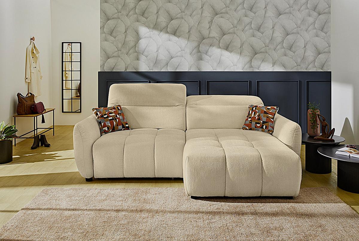 ECKSOFA mit elektrischer Sitztiefenverstellung, Kopflehnen verstellbar, USB-C und -A Ladefunktion B260/T191/H106 cm, Flachgewebe Beige / 15405 - Beige/Multicolor, Kunststoff/Textil (260/191cm) - luma-home