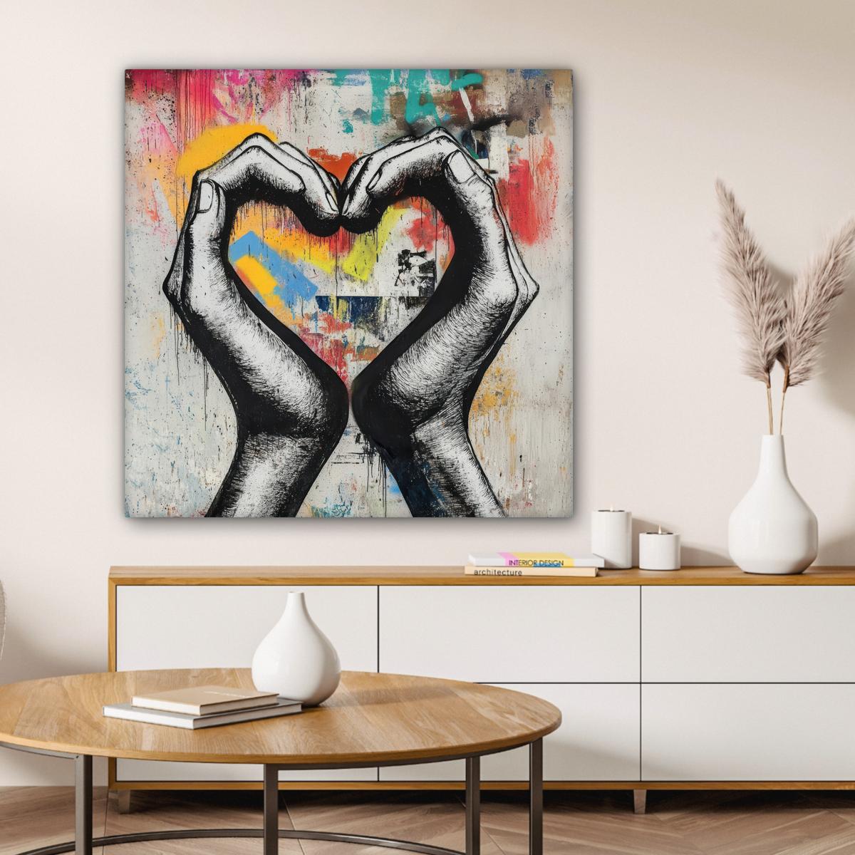 LEINWANDBILD Hände - Herz - Straßenkunst - Graffiti Deko Groß 90x90 cm - Multicolor, Textil (90/90cm) - MuchoWow