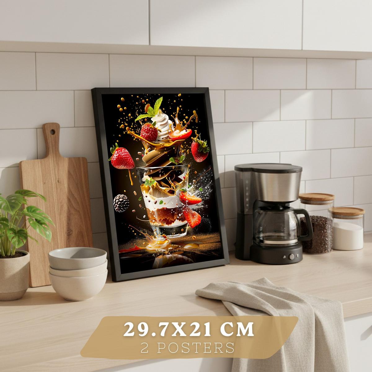POSTER 2er Set Küchen-Wandbilder Erdbeer-Dessert und Salat Splash Fotografie Schwarzer Hintergrund Deko Rahmenlos A4 - Schwarz, Papier (29.7/1/21cm) - Nacnic