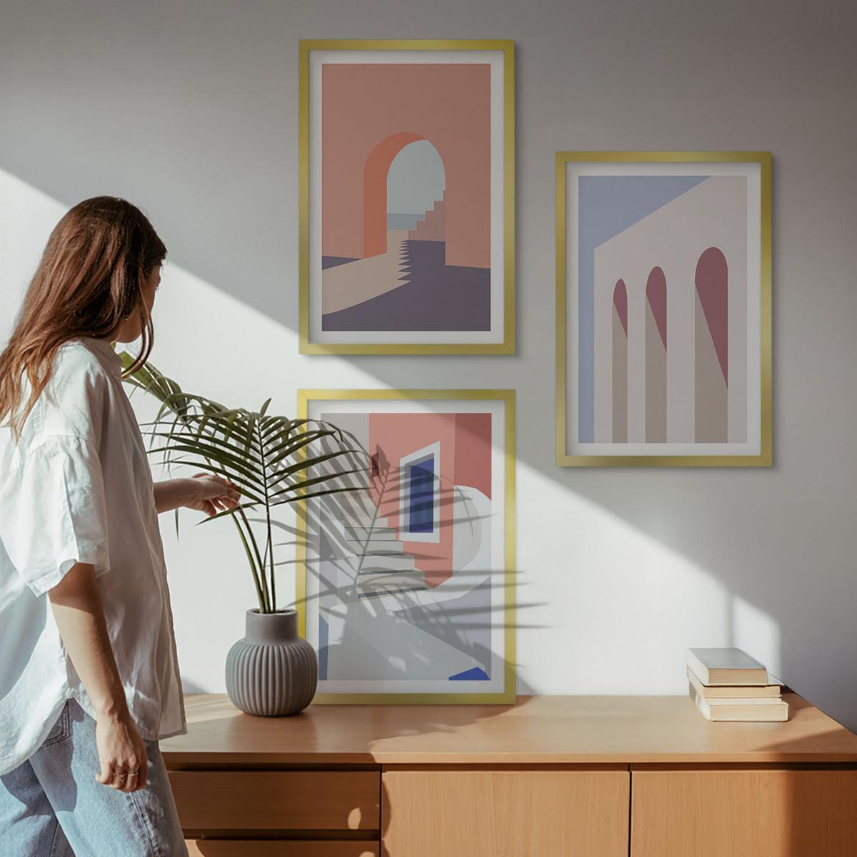 BILDER SET 3er Set - 40x60 cm Goldrahmen - Minimalistische Architekturillustrationen - Goldfarben, Kunststoff (40/60cm) - TULUP