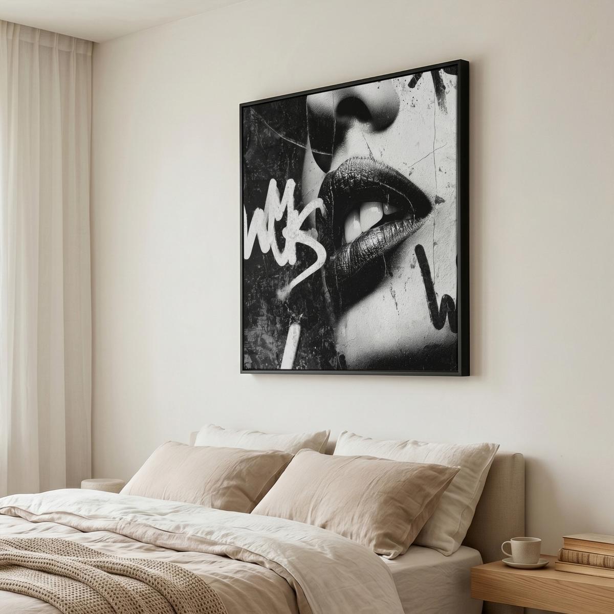 LEINWAND Bilder mit Rahmen - Gesicht - Mund - Graffiti - Schwarz - 90x90 - Schwarz, Textil (90/90cm) - MuchoWow
